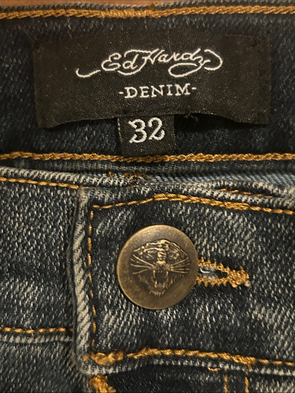 Ed Hardy Dark Blue Jeans with Yellow & Red Tiger Graphics - Picture 3 of 5